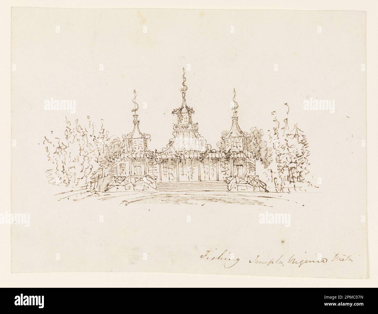 Dessin, The Fishing Temple, Virginia Water; Frederick Crace (anglais, 1779–1859); Angleterre; stylo et encre brune sur papier vélin blanc; 14,9 x 19,7 cm (5 7/8 x 7 3/4 po) Banque D'Images