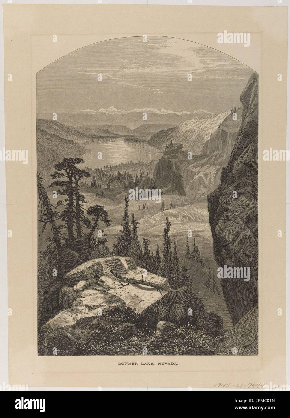 Print, donner Lake, Nevada; Thomas Moran (américain, n. Britain, 1837–1926); gravé par A. Measom; Angleterre et États-Unis; gravure de bois sur papier vélin crème Banque D'Images