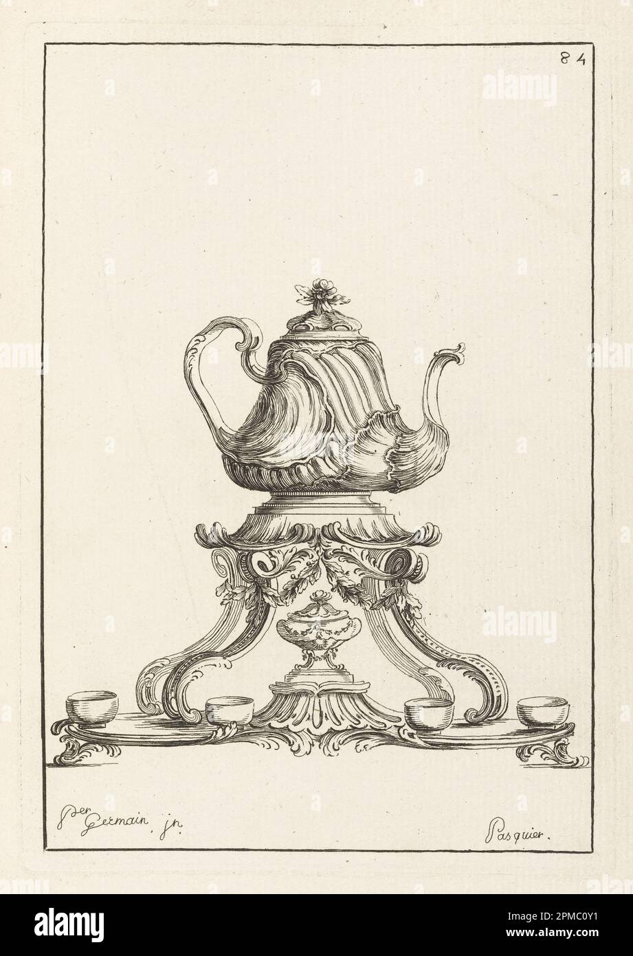 Imprimé, Cabares (Teapot), planche 84, dans éléments d'Orfevrerie (éléments de Goldsmithing), deuxième partie; conçu par Pierre Germain (français, 1703 - 1783); gravé par Jean Jacques Pasquier (français, mort 1785); France; gravure sur papier couché; feuille: 24,5 x 18,4 cm (9 5/8 x 7 1/4 po) Marq. Plateau : 19,8 x 13,7 cm (7 13/16 x 5 3/8 po.) Banque D'Images