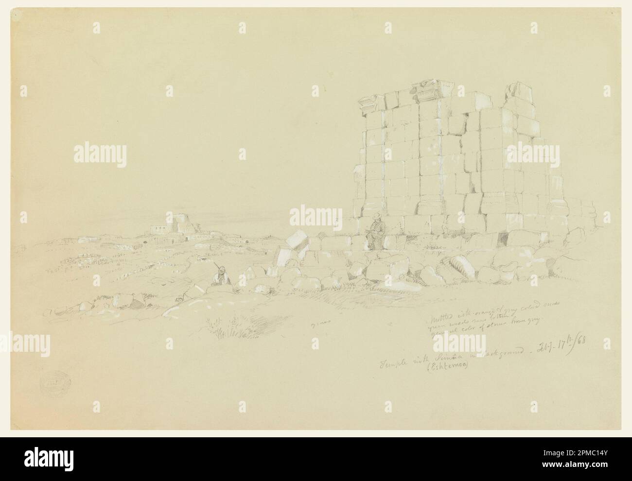 Dessin, Temple avec Semua [aujourd'hui AS-Samu] au loin; église Frédéric Edwin (américaine, 1826–1900); États-Unis; graphite, pinceau et gouache blanc sur papier gris; 30,8 × 44,1 cm (12 1/8 × 17 3/8 po) Tapis : 40,6 x 55,9 cm (16 x 22 po) Banque D'Images