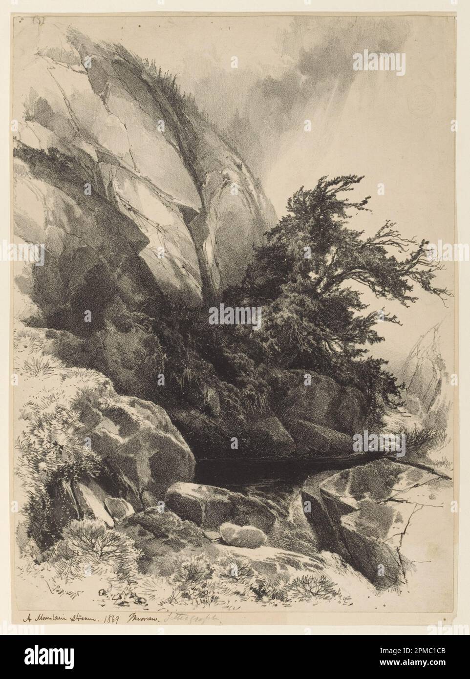 Print, A Mountain Stream; Thomas Moran (américain, né en Grande-Bretagne, 1837–1926); Etats-Unis; lithographie sur papier; cadre: 50,2 x 39,7 cm (19 3/4 x 15 5/8 po.) Banque D'Images