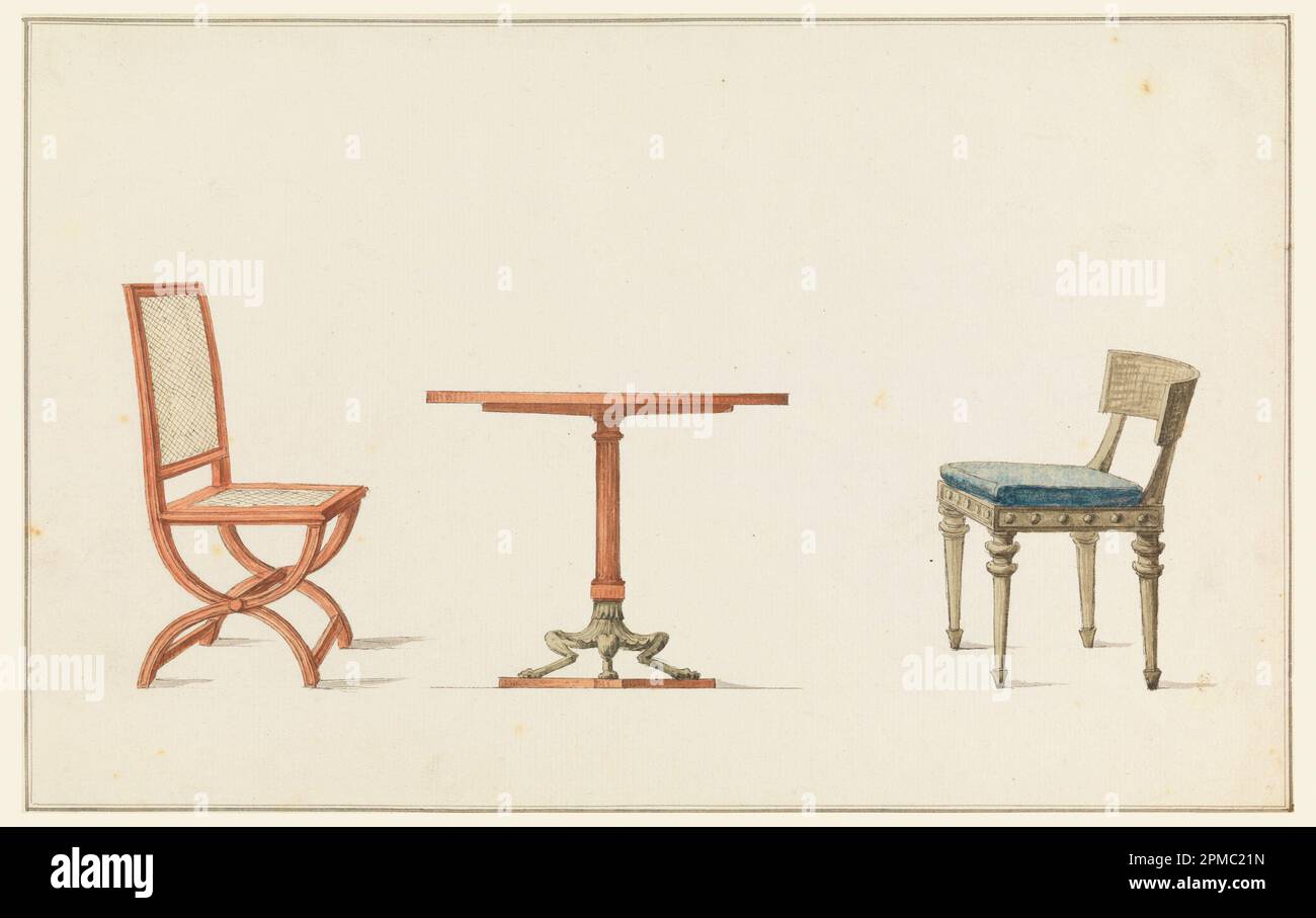 Dessin, deux chaises et une table; conçu par Jean Démosthène Dugourc (français, 1749–1825); attribué à Georges Jacob (français, 1739–1814), Henri Jacob (1753–1824); attributions: Richard de Lalonde (français, actif, 1780–96); France; pinceau et aquarelle, stylo et encre noire, graphite sur papier blanc; 21,4 x 34 cm (8 7/16 x 13 3/8 po) Banque D'Images