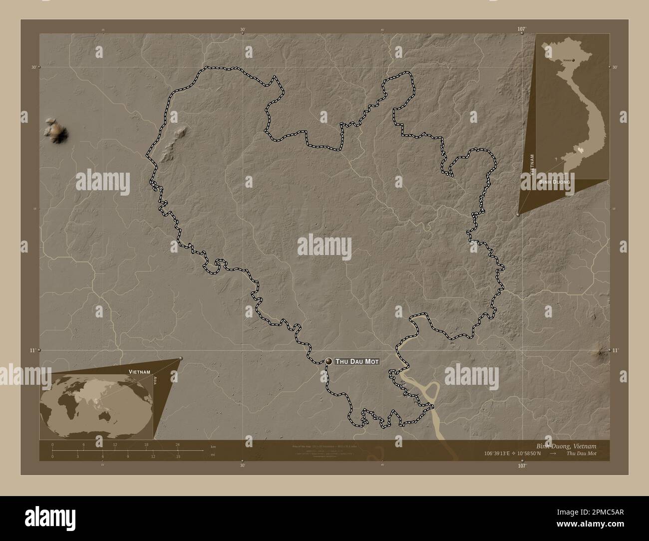 Binh Duong, province du Vietnam. Carte d'altitude colorée en tons sépia