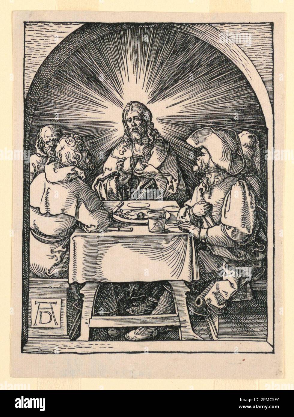 Imprimé, Christ à Emmaus, de la série Little passion; conçu par Albrecht Dürer (allemand, 1471–1528); Allemagne; coupe de bois sur papier blanc cassé; 14,3 × 10,7 cm (5 5/8 × 4 3/16 po) Banque D'Images