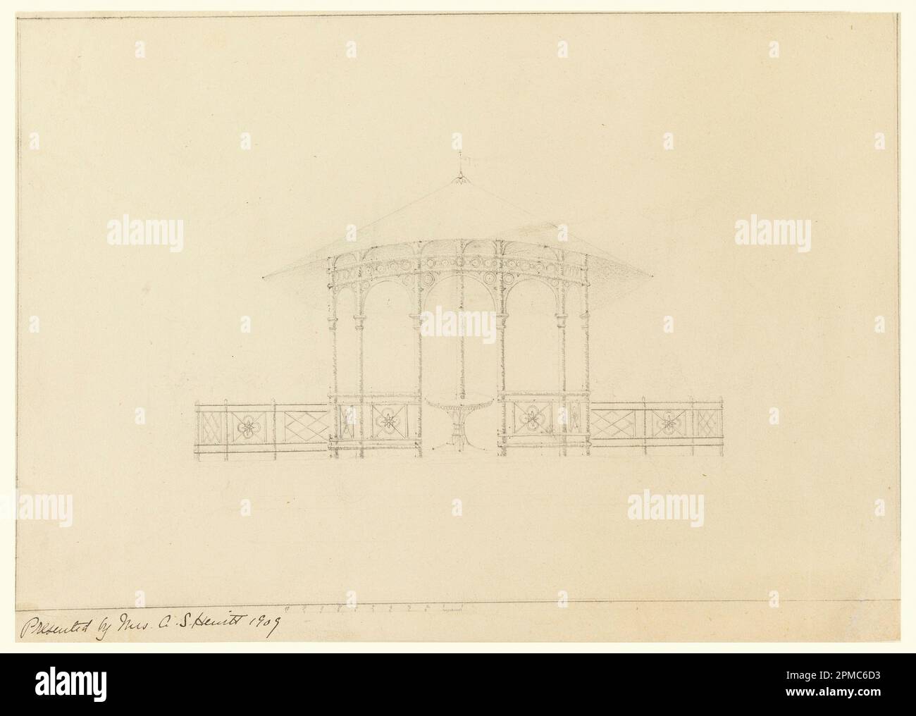 Dessin, dessin pour la pagode dans le pavillon du jardin; architecte: Franz H. Heissinger; Etats-Unis; graphite sur papier vélin, doublé; 22,7 x 32,2 cm (8 15/16 x 12 11/16 po); 1909-12-18 Banque D'Images