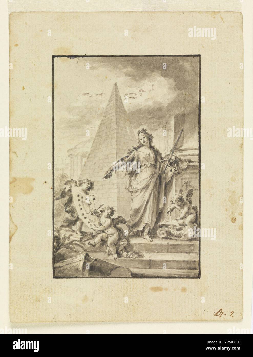 Dessin, dessin pour une illustration: 'Architecture'; Fedele Fischetti (italien, 1734 - 1789); Italie; pinceau et lavage gris sur papier crème coulé, bordure réglée en stylo et encre noire; 10,1 x 6,8 cm (4 x 2 11/16 po.) Banque D'Images