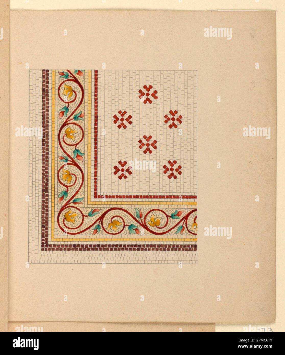 Dessin, Corner Design for Mosaic Floor; Designed by Frederick Krieg (American, b. Germany 1852–1932); client: R.C. Fisher and Co. ; États-Unis ; pinceau et aquarelle, graphite sur papier vélin blanc Banque D'Images