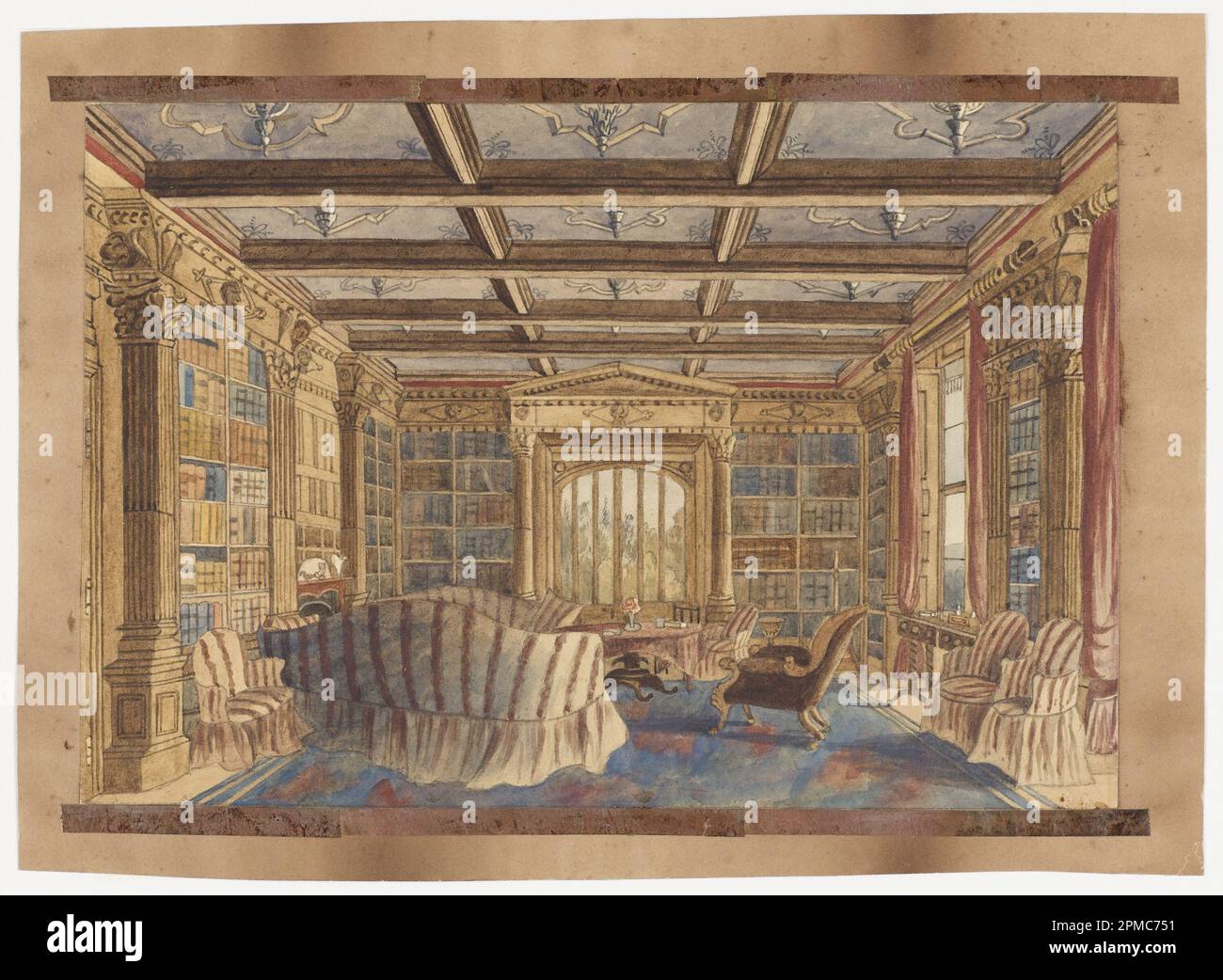 Drawing, The Library at Dingestow; Charlotte Bosanquet (Grande-Bretagne, 1790 – 1852); Angleterre; pinceau et aquarelle, Stylo et encre noire, graphite sur papier vélin blanc ; cadre H x l x P : 39,7 x 50,2 x 2,5 cm (15 5/8 x 19 3/4 x 1 po) Feuille : 19,5 x 27,4 cm (7 11/16 x 10 13/16 po); dégel; 2007-27-42 Banque D'Images