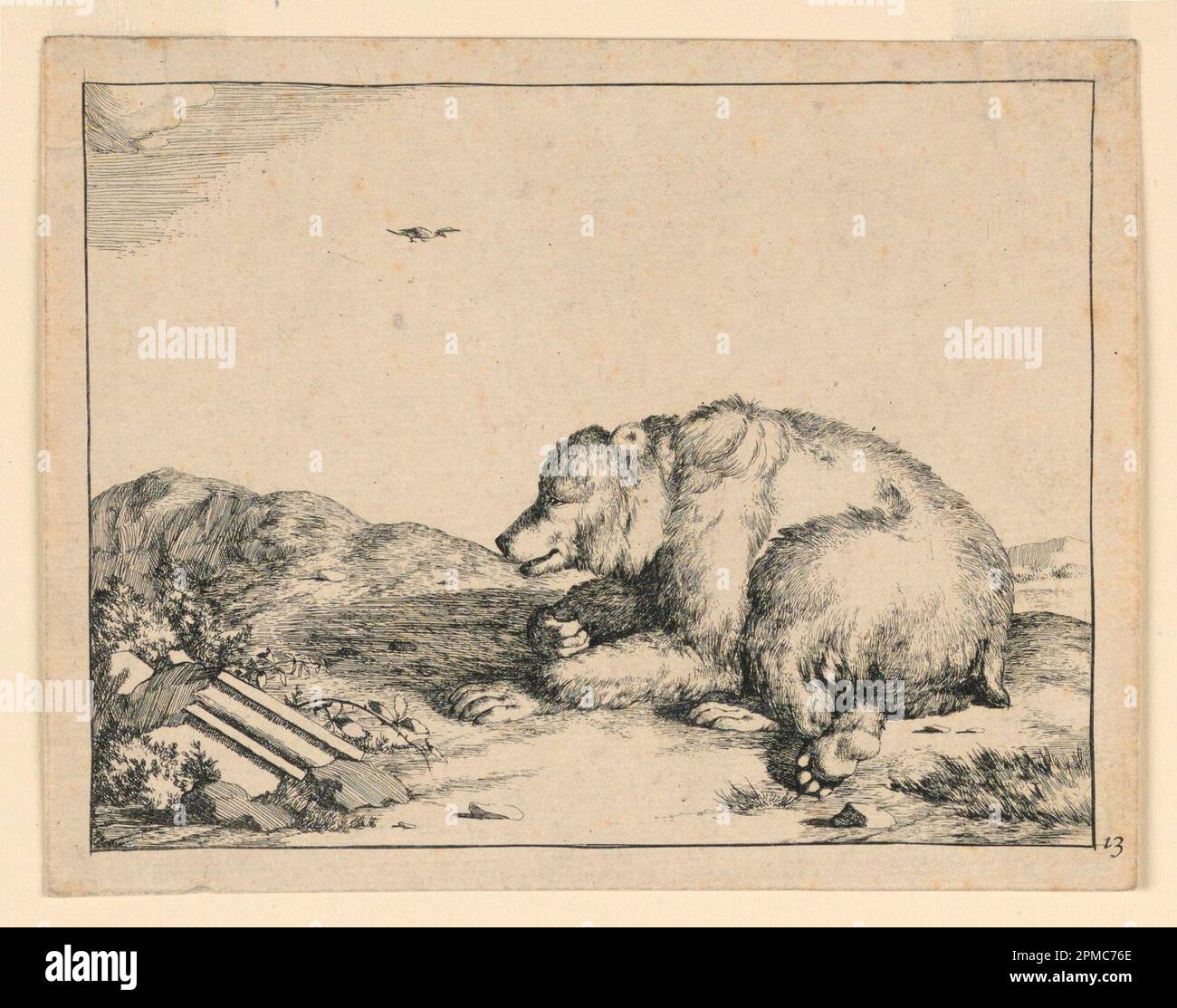 Imprimé, Ours allongé, de a se; Marcus de Bye (1639 – 1690); d'après Marcus Gerards I (1521 – env. 1604); pays-Bas; support de gravure: Papier blanc; feuille: 12 x 15,2 cm (4 3/4 po. x 6 po) Tapis (avec 1957-61-32-b) : 45,7 x 35,6 cm (18 x 14 po) Banque D'Images