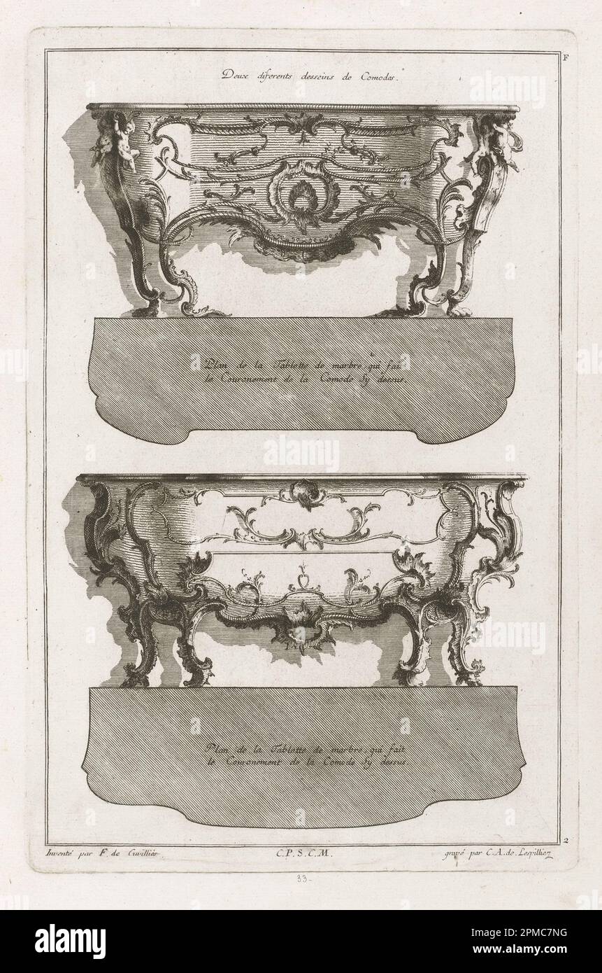 Imprimé, deux diferents desséins de Comodes; conçu par François de Cuvilliés l'ancien (belge, active Allemagne, 1695 - 1768); gravé par Karl Albert von Lespilliez (1723–1796); Allemagne; gravure, gravure sur papier blanc cassé; Marque: 36,5 x 24 cm (14 3/8 x 9 7/16 po.) Feuille : 44 x 28,6 cm (17 5/16 x 11 1/4 po) Banque D'Images