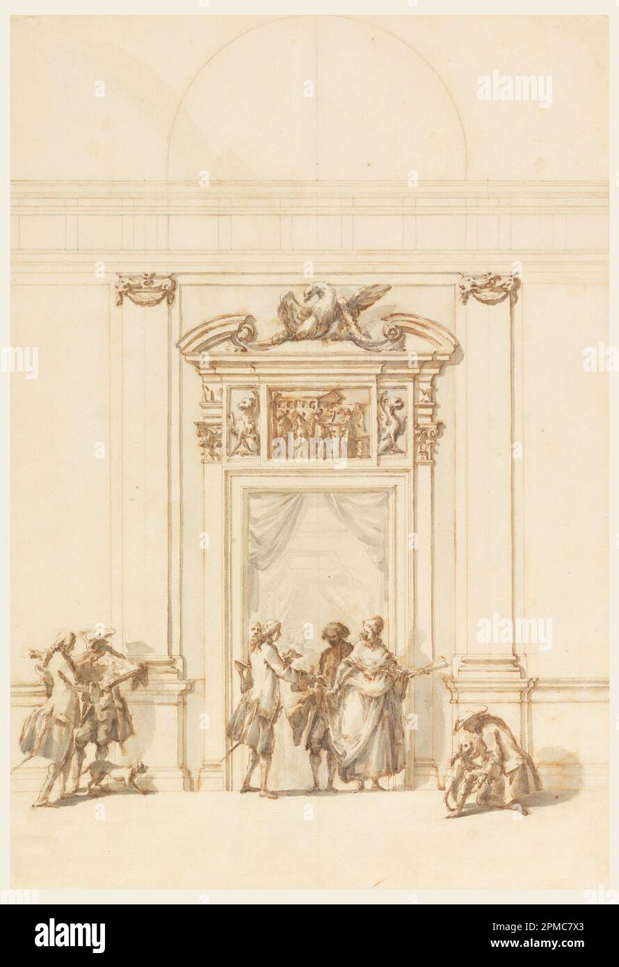 Dessin, Design pour le Portail Nord, Grand Galerie, Villa Albani, Rome, Italie; Carlo Marchionni (italien, 1702–1786); Italie; stylo et encre brune, pinceau et brun, gris, graphite sur papier crème ; 41,7 x 28,9 cm (16 7/16 x 11 3/8 po) Banque D'Images