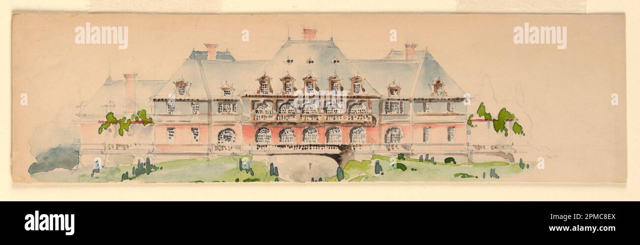 Dessin, élévation du manoir; architecte: Whitney Warren Jr. (États-Unis, 1864–1943) ; États-Unis ; graphite, pinceau et aquarelle sur papier ; 7,6 x 27,8 cm (3 x 10 15/16 po.) Banque D'Images