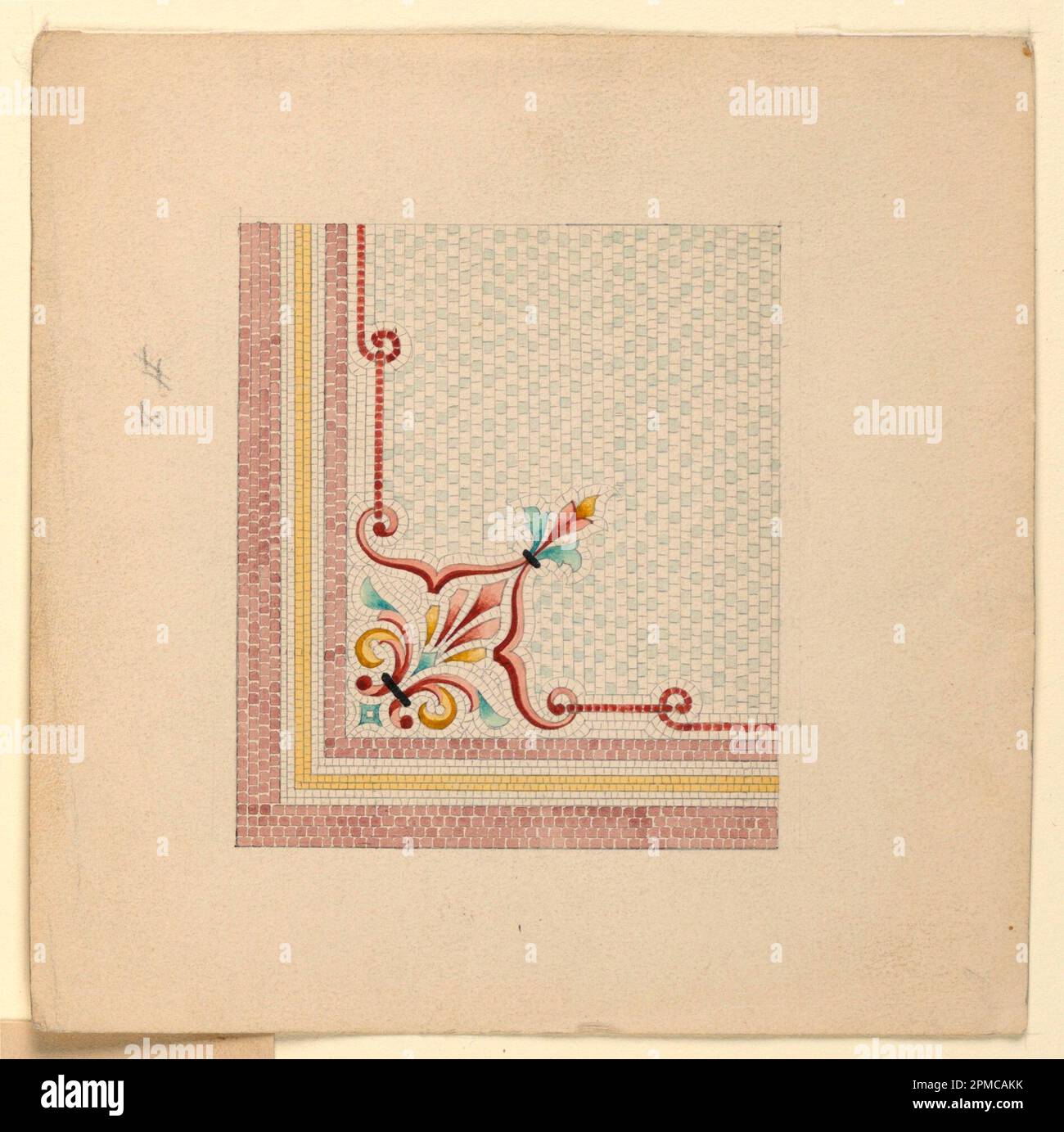 Dessin, Corner Design for Mosaic Floor; Designed by Frederick Krieg (American, b. Germany 1852–1932); client: R.C. Fisher and Co.; USA; pinceau et aquarelle, gouache noire, graphite sur papier vélin blanc Banque D'Images