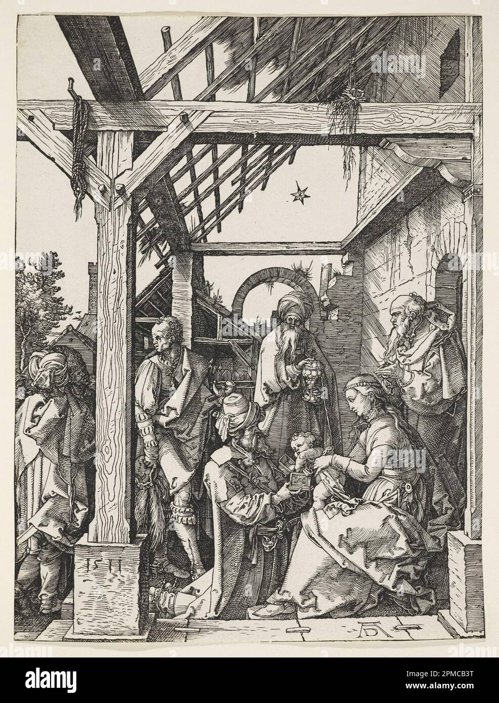 Imprimé, adoration des Magi; Albrecht Dürer (allemand, 1471–1528); Allemagne; coupe de bois sur papier; 29,3 x 22 cm (11 9/16 x 8 11/16 po) Banque D'Images