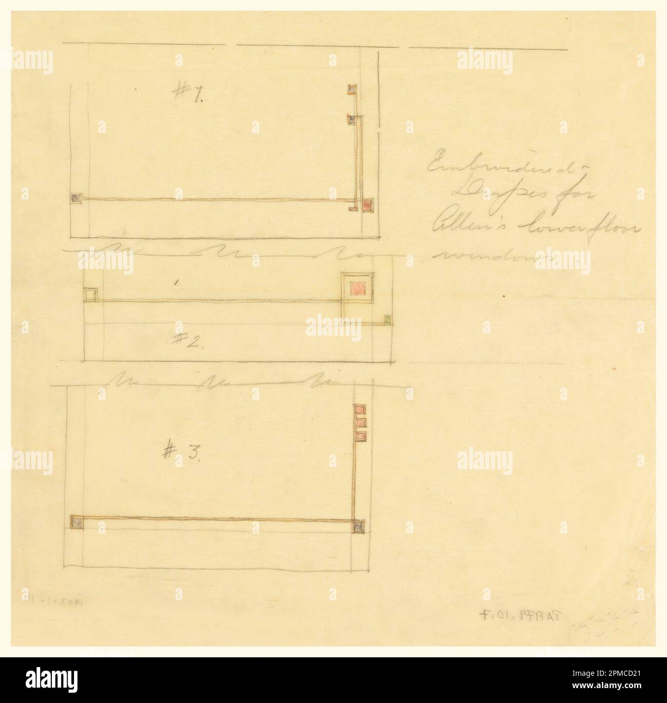 Dessin, rideaux brodés pour fenêtres de plancher inférieur, résidence Henry J. Allen, Wichita, Kansas; architecte: Frank Lloyd Wright (américain, 1867–1959); client: Henry J. Allen, Elsie J. Nuzman (Mme Henry J.) Allen; États-Unis; crayon de couleur graphite sur papier à tracer beige; 24,5 x 25,1 cm (9 5/8 x 9 7/8 po) Banque D'Images