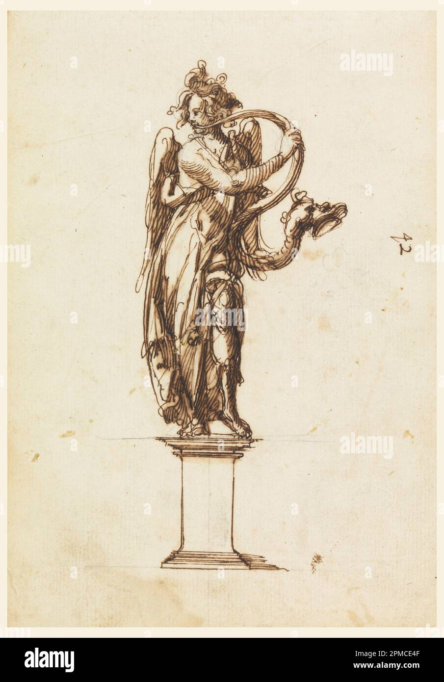 Dessin, dessin pour la sculpture: Angel Blowing Serpentine Horn; Léonard Chailleat (italien, actif 1640 - 1650); France; stylo et encre brune, brosse et lavage brun, craie noire sur papier blanc couché, posé; 20,1 x 14,3cm (7 15/16 x 5 5/8in.) Tapis : 45,7 x 35,6 cm (18 x 14 po) Banque D'Images