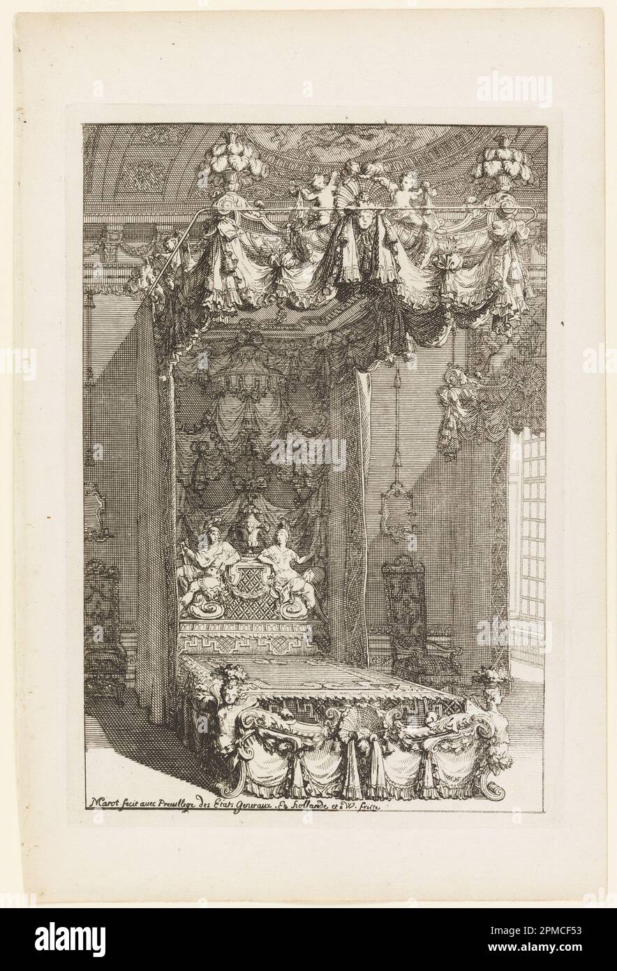 Imprimé, Design for a State Bedchamber, in second Livre d'Appartements (second Book on Interiors); conçu par Daniel Marot (français, actif aux pays-Bas et en Angleterre, 1661–1752); pays-Bas; gravure, gravure sur papier blanc; 33,8 x 22,2 cm (13 5/16 x 8 3/4 po) Banque D'Images