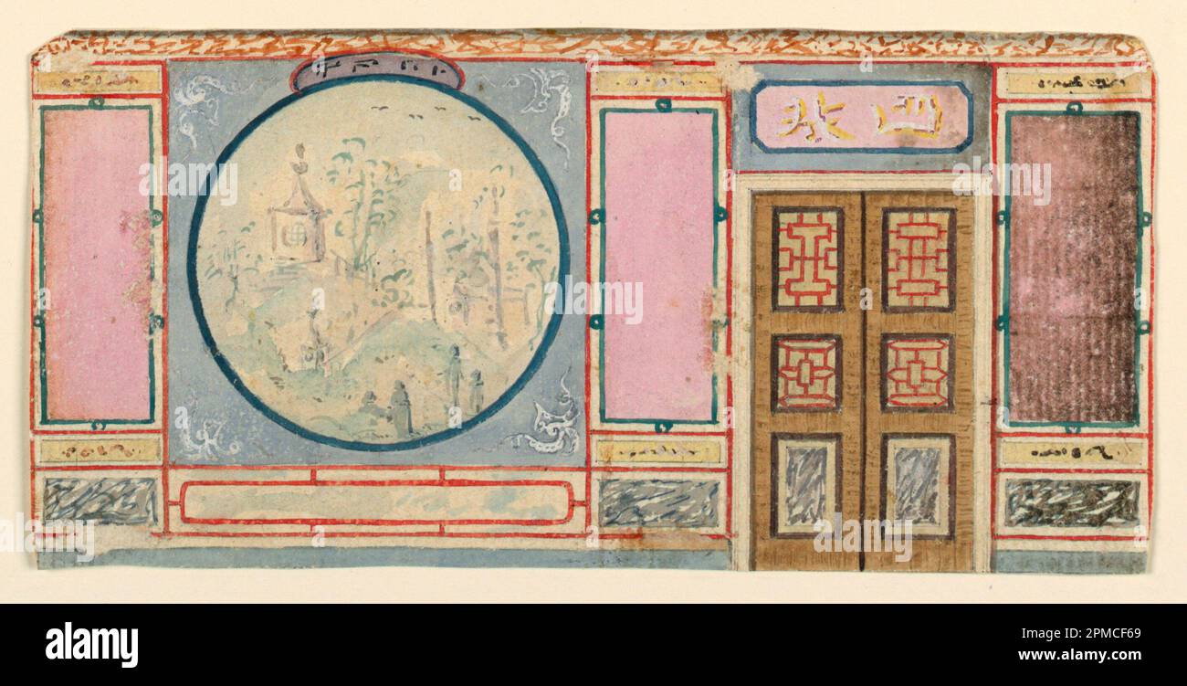 Dessin, Wall Elevation Design, probablement pour les King's Apartments, Royal Pavilion, Brighton; Frederick Crace (anglais, 1779–1859); Angleterre; pinceau et aquarelle, gouache blanc, graphite sur papier; 10,8 x 22,1 cm (4 1/4 x 8 11/16 po) Banque D'Images