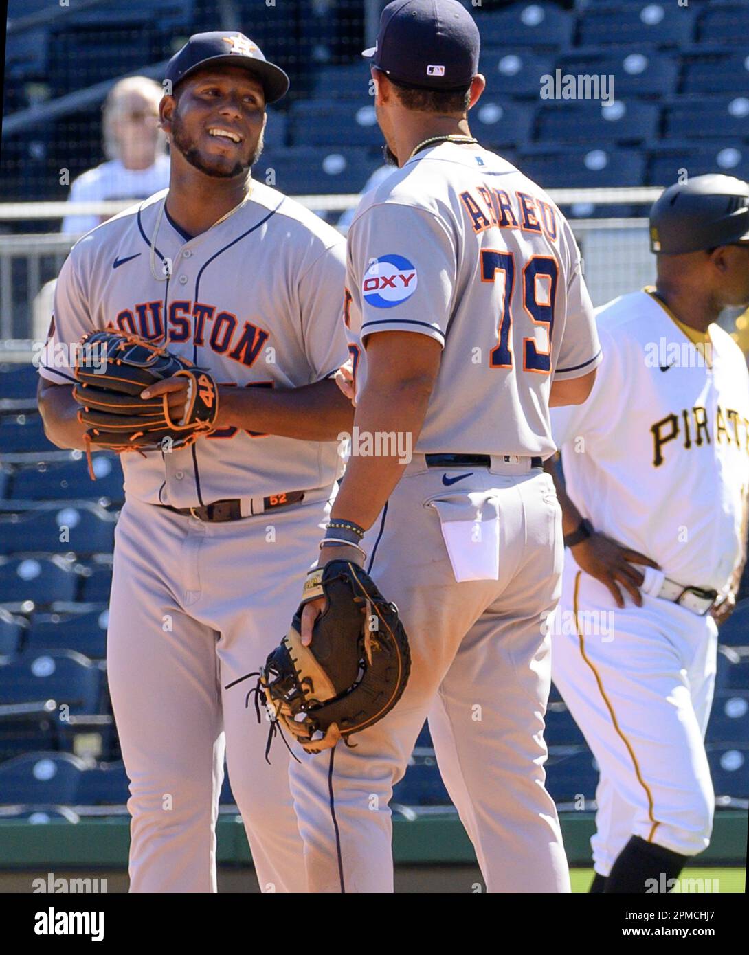 Houston Astros relief pitcher Ronel Blanco looks skyward after a double  play ball during the ninth inning of a baseball game against the San  Francisco Giants, Tuesday, May 2, 2023, in Houston. (