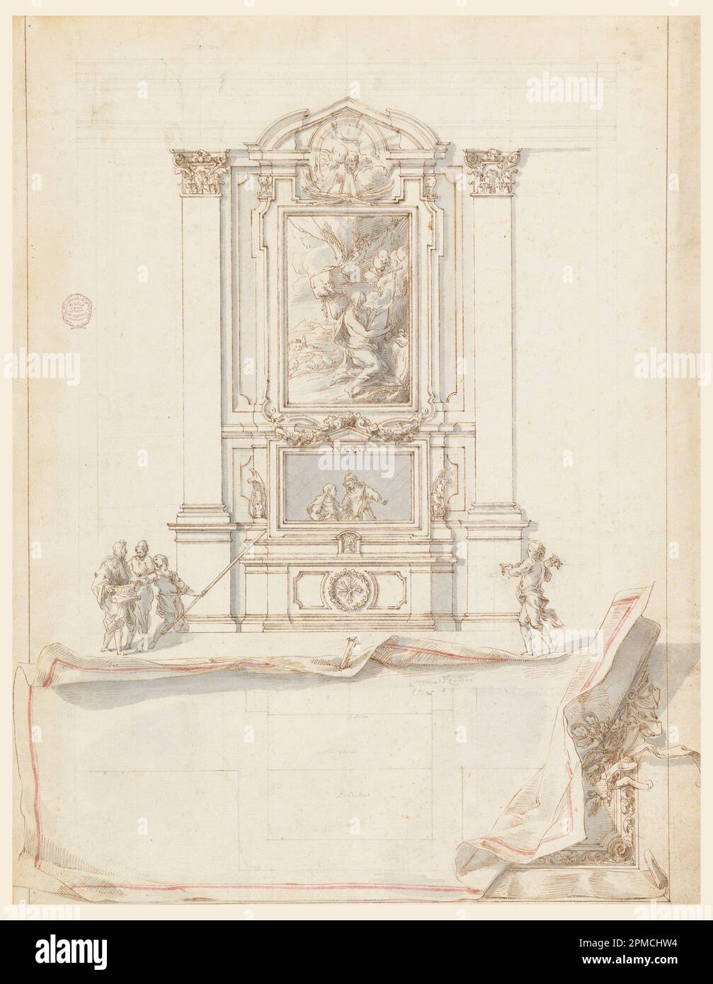 Dessin, dessin d'un autel: Élévation, avec trompe l'œil Plan ci-dessous; Carlo Marchionni (italien, 1702–1786); Italie; stylo et encre brune, pinceau et gris, lavage rouge, graphite sur papier crème; 47 x 36,4 cm (18 1/2 x 14 5/16 po) Banque D'Images