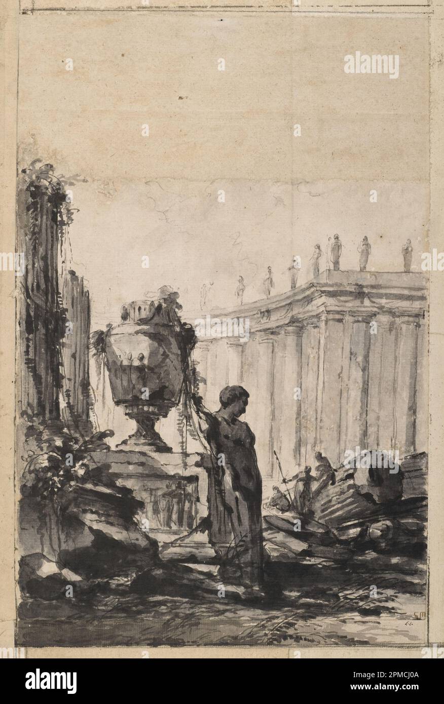 Dessin, ruines avec vase, Herm et Colonnade; conçu par Louis-Joseph le Lorrain (français, 1715–1759); France; pinceau et savon gris, craie noire sur papier additions sur les marges supérieure et inférieure, doublé de carton et bordure de papier bleu; 34,7 x 22,5 cm (13 11/16 x 8 7/8 po) Banque D'Images