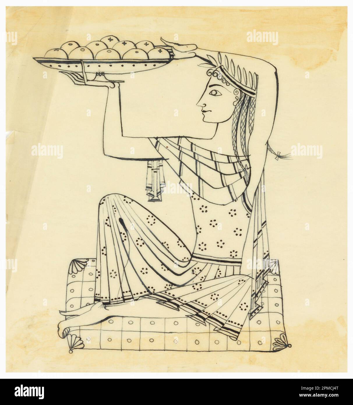 Dessin, dessin pour gravure en argent: Femme assise; conçu par Tommi Parzinger (américain, Allemagne, 1903–1981); États-Unis; stylo et encre noire sur papier de traçage de crème; (irrégulier): 22,6 x 21,2 cm (8 7/8 x 8 3/8 po) Banque D'Images