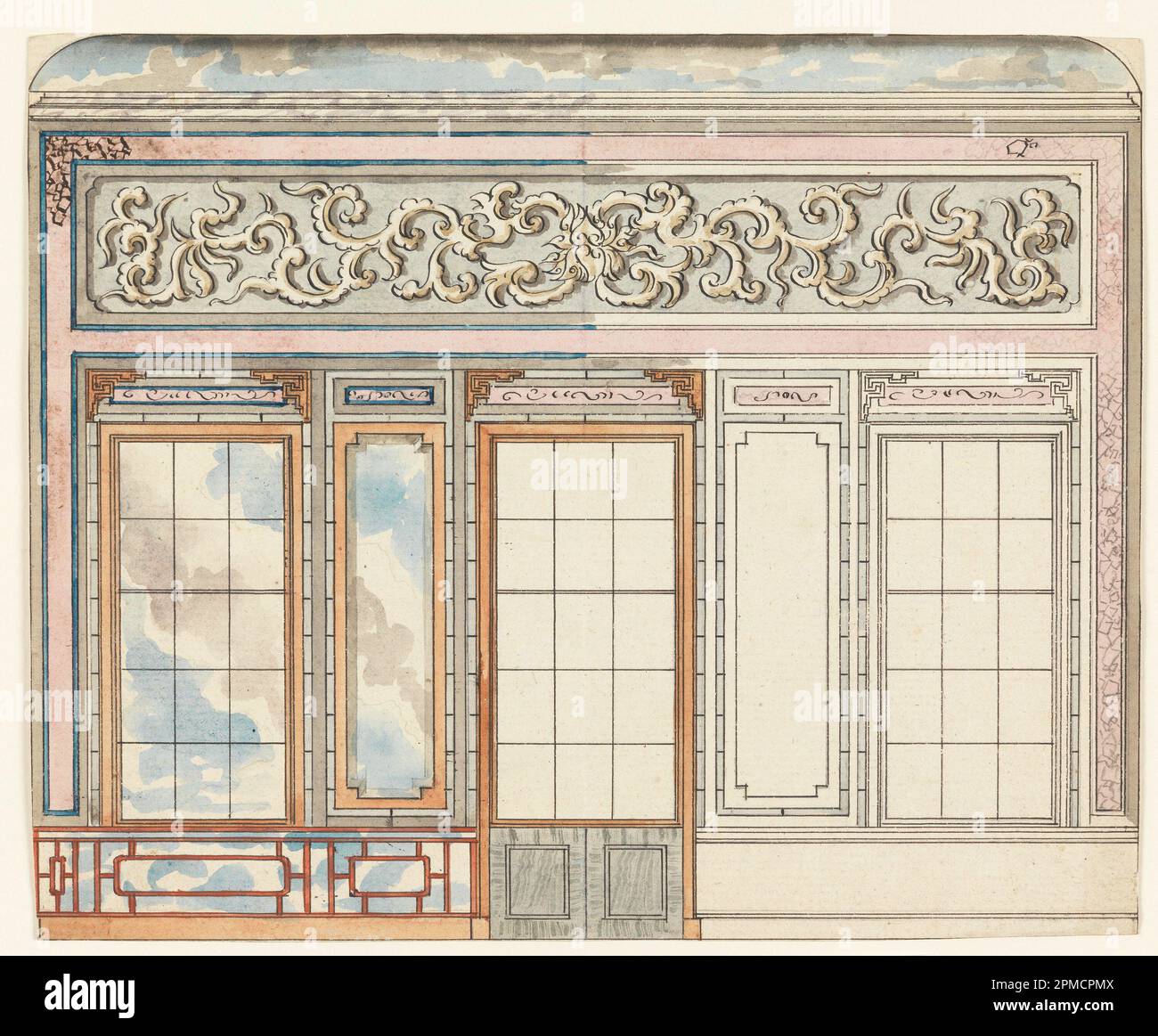 Dessin, hall d'entrée, Pavillon Royal, Brighton; Frederick Crace (anglais, 1779–1859) ; Angleterre ; pinceau et aquarelle, stylo et encre sur papier ; 22,3 x 27,1 cm (8 3/4 x 10 11/16 po.) Banque D'Images