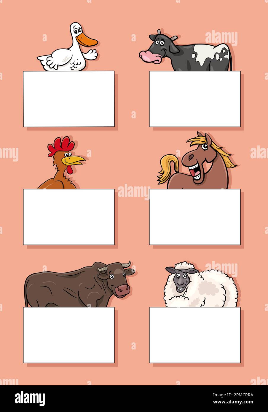 Illustration de dessin animé d'animaux de ferme drôles avec cartes vierges ou bannières design ensemble Illustration de Vecteur