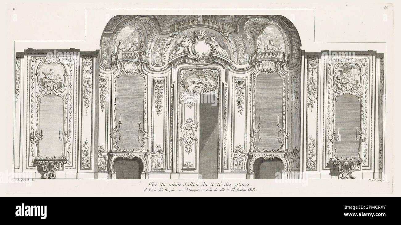 Print, Vüe de même (Czartoryski) Sallon du Costé des Glacés (Design pour le salon Czartoryski), planche 85, en œuvres de juste-Aurèle Meissonnier (œuvres de juste-Aurèle Meissonnier); dessiné par juste-Aurèle Meissonnier (français, Italie, 1695; gravure en français, 1750; Pierre Babel, 1720; papier blanc, 1775; gravure posée par Pierre-Aurèle,; Pierre Babel, 25,2 x 50,9 cm (9 15/16 x 20 1/16 po) Banque D'Images