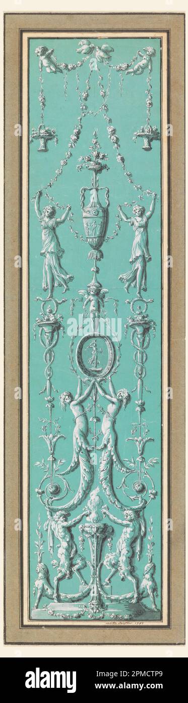 Dessin, panneau d'arabesques pour l'Hôtel de Salm, Paris; conçu par Jean-Guillaume Moitte (français, 1746–1810); France; stylo et encre noire, pinceau et gouache, craie noire sur papier teinté, doublé; 43 x 10,1cm (16 15/16 x 4in.) Tapis : 55,9 x 40,6 cm (22 x 16 po) Support : 46,8 x 13,8 cm (18 7/16 x 5 7/16 po.) Cadre : 60,3 x 44,8 x 2,5 cm (23 3/4 po. x 17 5/8 po x 1 po) Banque D'Images