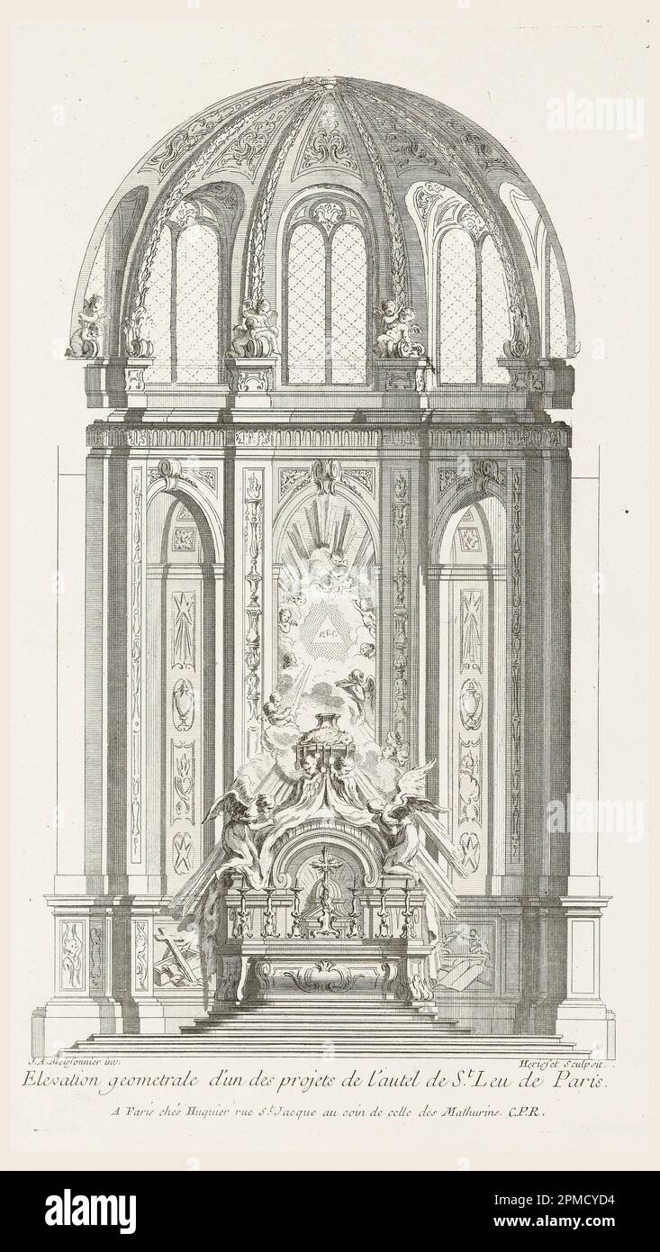 Print, Elevation geometriale d'un des projets de l'hôtel de St. Leu de Paris (conception pour l'autel de Saint Leu de Paris), planche 103, en oeuvres de juste-Aurèle Meissonnier (œuvres de juste-Aurèle Meissonnier); conçu par juste-Aurèle Meissonnier (français, Italie, 1695–1750); gravé par Herisset (français, 18th siècle); publié par Gabriel Huquier (français, 1695–1772); gravure de 32,2 x 20,7 cm (blanc); 12 11/16 x 8 1/8 x cm (français). Banque D'Images