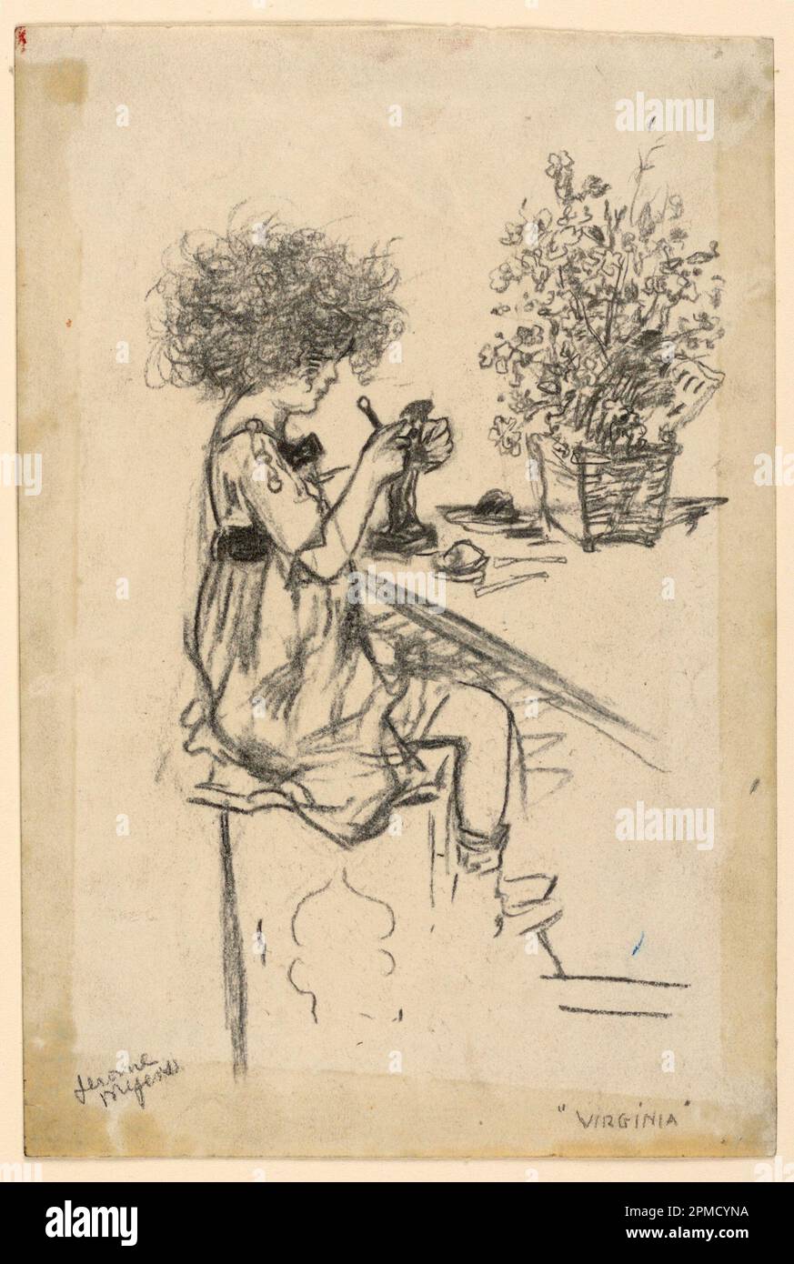 Virginia Modeling, Study for Etching, Jerome Myers, cuisine américaine,  1867–1940, crayon noir sur papier, JEUNE fille assise devant une table,  avec un outil à la main, modélisant une figure en argile. Elle