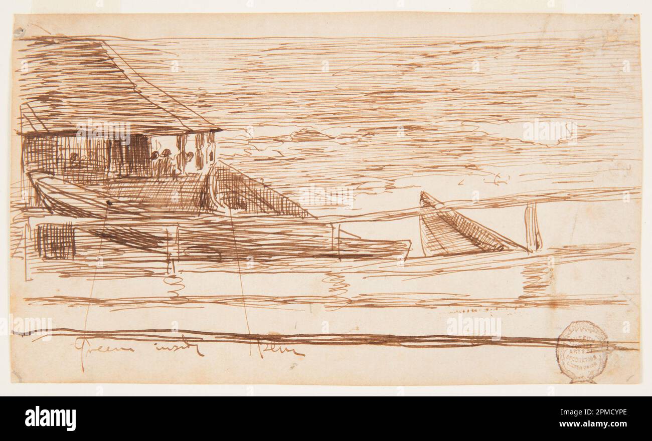 Dessin, maison à une balustrade avec des Dories en forme de bécher; Winslow Homer (américain, 1836–1910); Angleterre; stylo et encre brune sur papier à poser Havane; 10,5 x 18 cm (4 1/8 x 7 1/16 po) Banque D'Images