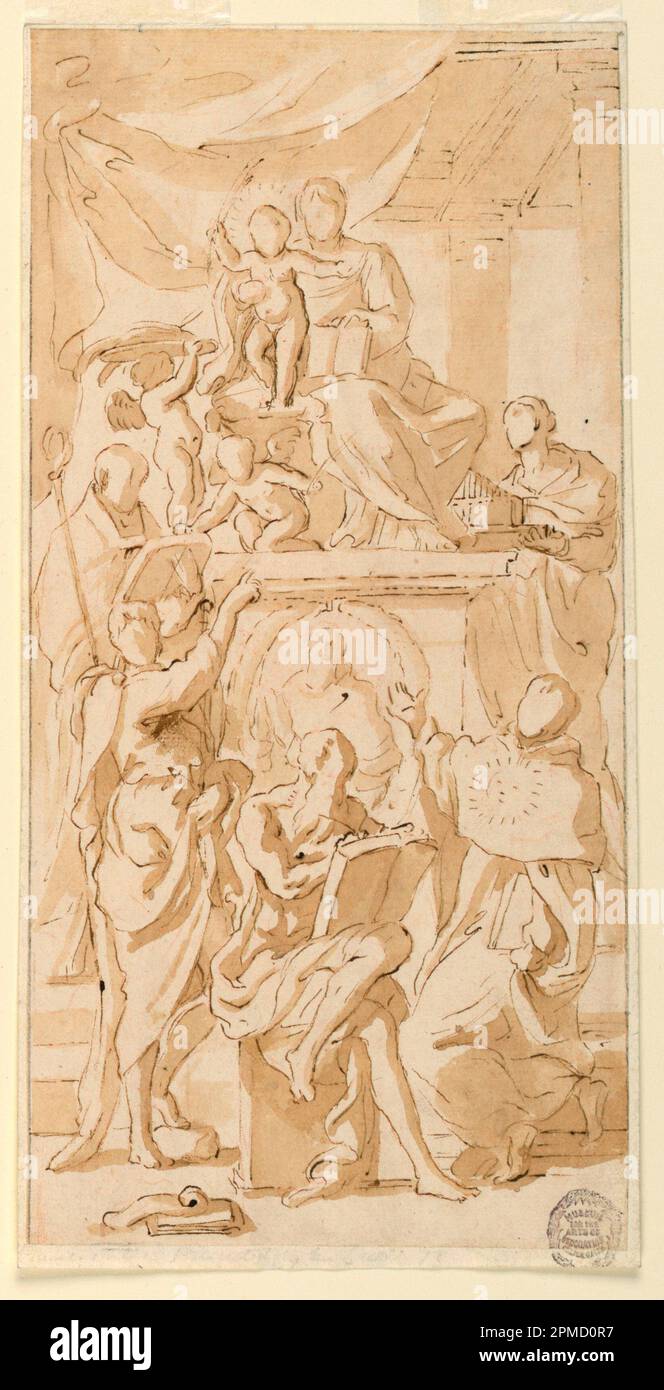 Dessin, vierge et enfant avec saints ; conçu par Charles Mellin (1620–1649) ; Italie ; encre stylo et brune, pinceau et sépia sur des traces de sanguine sur papier couchée ; 26,1 x 13,2 cm (10 1/4 x 5 3/16 po.) Banque D'Images