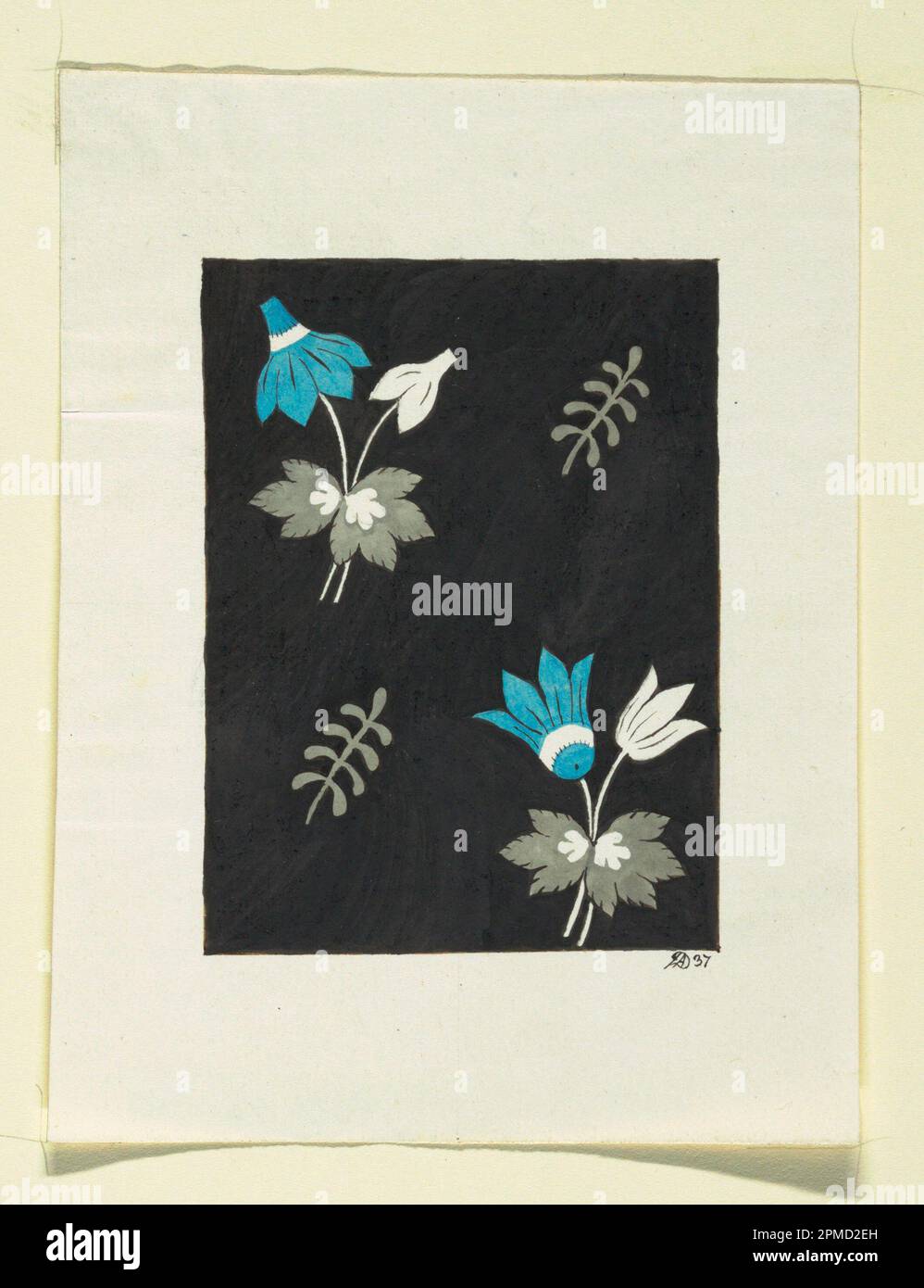 Dessin, dessin floral pour les textiles imprimés; conçu par Louis-Albert DuBois (Suisse, 1752–1818); fabriqué par fabrique de Fazy aux Bergues; France; pinceau et gouache, graphite sur papier vélin blanc; feuille: 15 x 11 cm (5 7/8 x 4 5/16 po) image: 9,5 x 7 cm (3 3/4 x 2 3/4 po) Banque D'Images