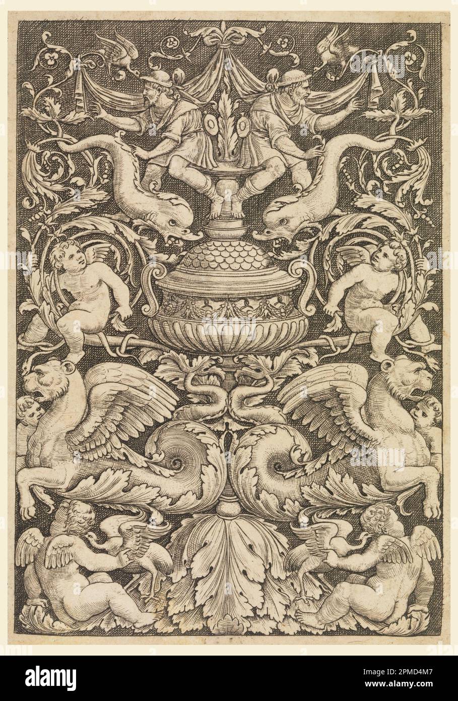 Imprimé, grotesque avec des dauphins et des Lions aidés; gravé par Maître de la matrice; Italie; gravure sur papier à poser; tapis: 45,7 × 35,6 cm (18 × 14 po) Banque D'Images