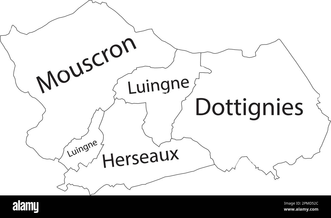 Carte administrative à vecteur plat blanc de MOUSCRON, BELGIQUE avec des étiquettes de nom et des lignes de bordure noires de ses municipalités Illustration de Vecteur