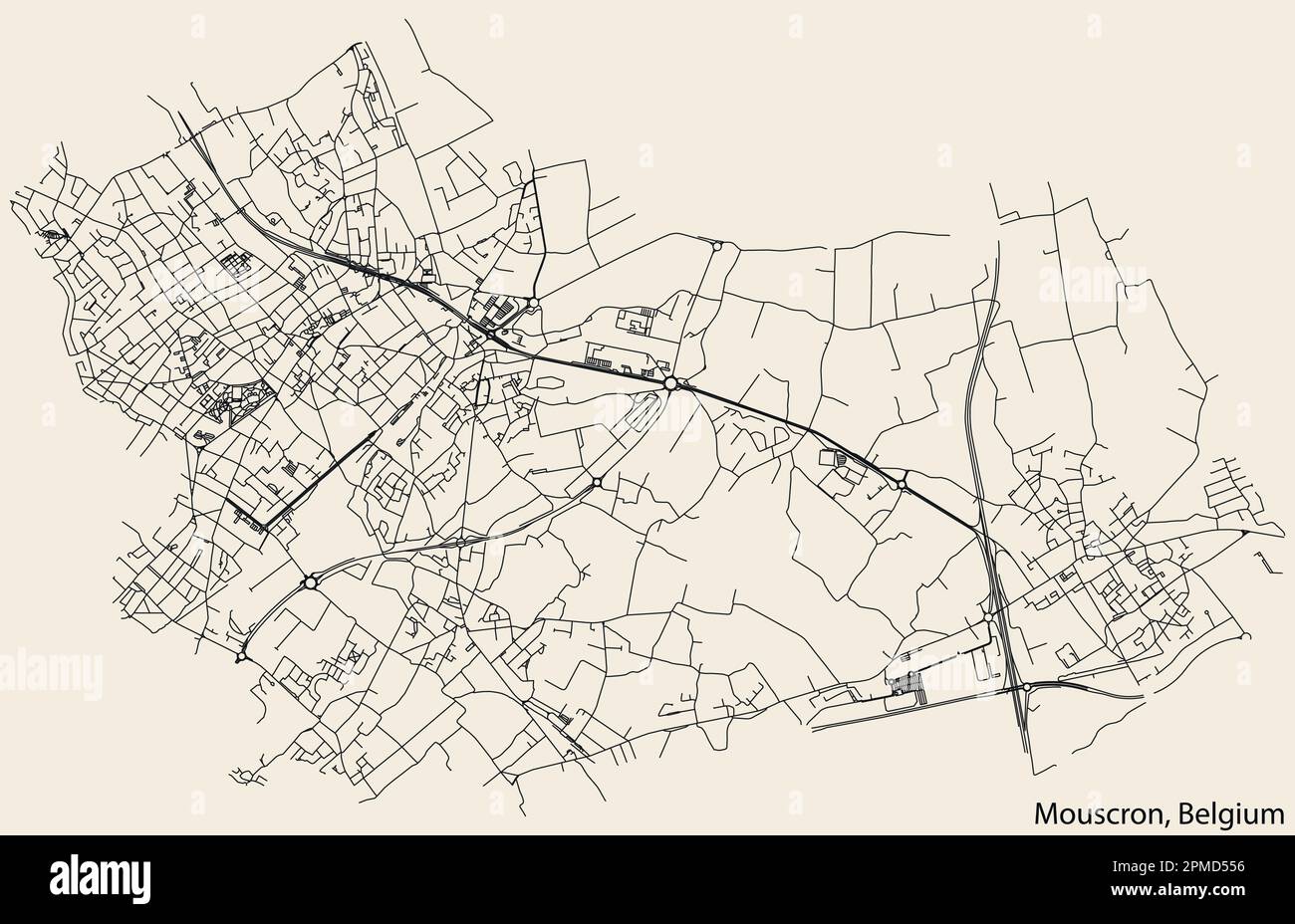 Carte détaillée des routes urbaines de navigation tracées à la main de la ville belge de MOUSCRON, BELGIQUE avec lignes de route solides et étiquette de nom sur backgro vintage Illustration de Vecteur