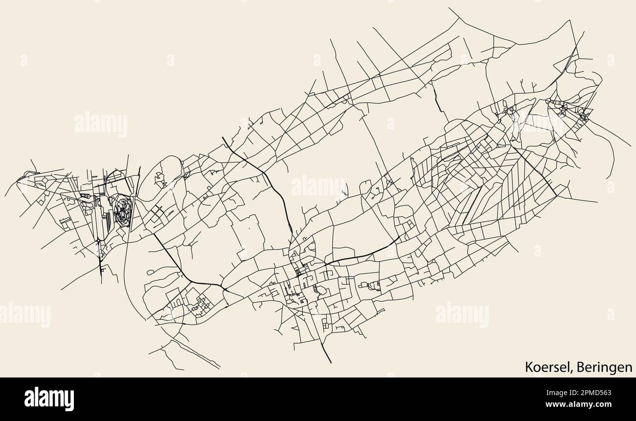 Carte détaillée des routes urbaines de navigation dessinées à la main de la MUNICIPALITÉ KOERSEL de la ville belge de BERINGEN, Belgique avec des lignes de route vives et Illustration de Vecteur