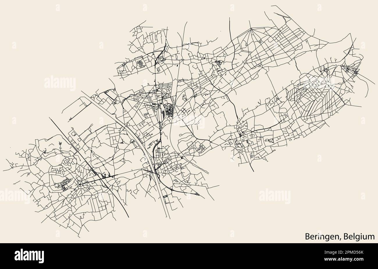 Carte détaillée des routes urbaines de navigation tracées à la main de la ville belge de BERINGEN, BELGIQUE avec lignes de route solides et porte-nom sur rétro backgro Illustration de Vecteur