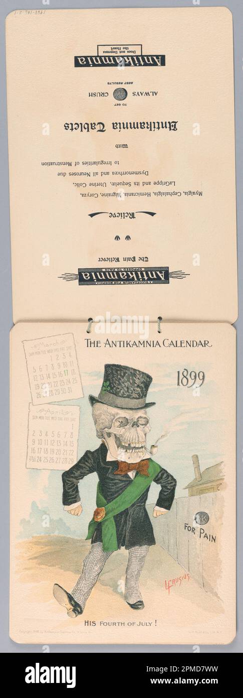 Calendrier, le calendrier Antikamnia, mars et avril 1899: Son quatrième juillet!; L Crusius; lithographe: G. H. Buek & Co (États-Unis); fabriqué pour la société Antikamnia Chemical Co. (États-Unis); chromolithographe sur papier avec reliure à ficelle; 1968-106-2-2 Banque D'Images