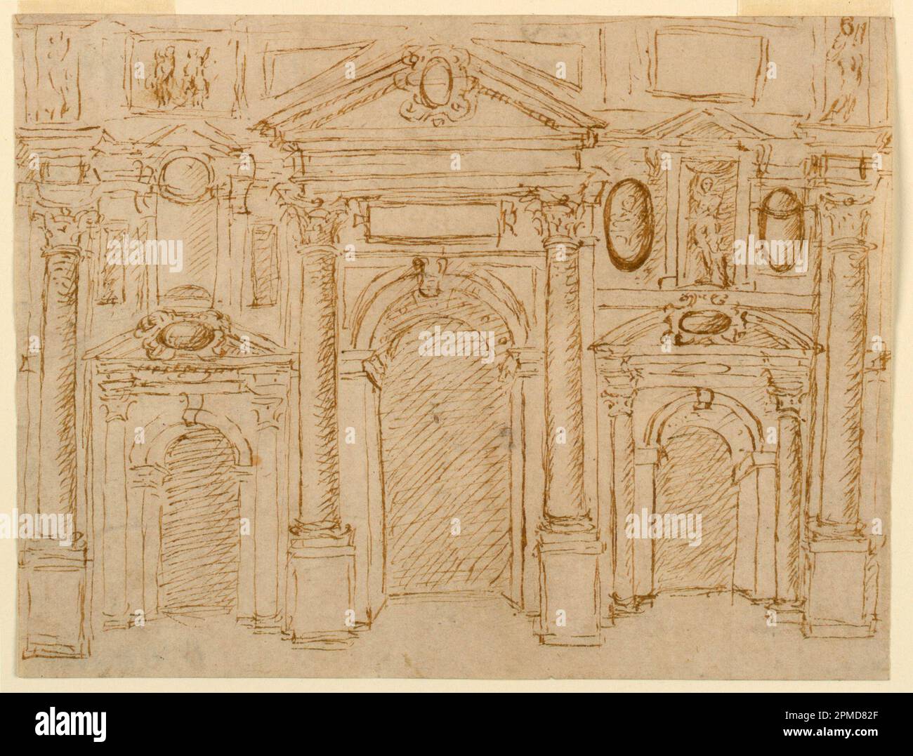 Dessin, conception pour une scène toile de fond avec des suggestions alternatives; probablement Vincenzo Scamozzi; Italie; stylo et encre de bistre sur papier vélin de chamois; 14,6 × 21,6 cm (5 3/4 × 8 1/2 po.) Banque D'Images