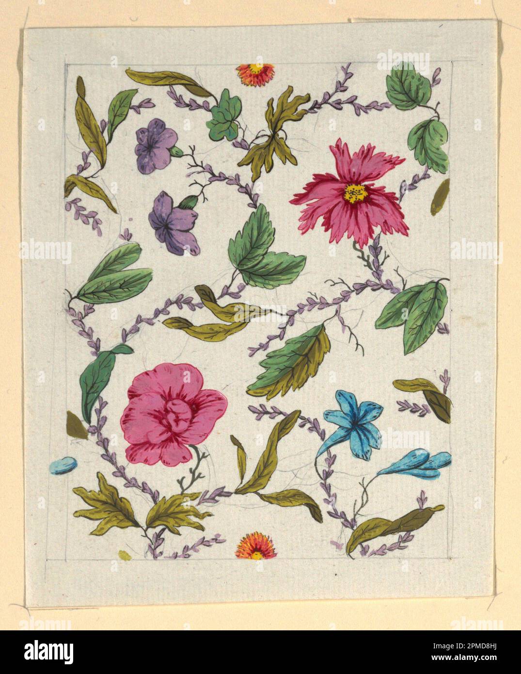 Dessin, motif floral pour textile imprimé; conçu par Louis-Albert DuBois (Suisse, 1752–1818); France; pinceau et gouache, graphite sur papier vélin blanc; feuille: 14,5 x 11,6 cm (5 11/16 x 4 9/16 po) Image : 12,3 x 10 cm (4 13/16 x 3 15/16 po.) Banque D'Images