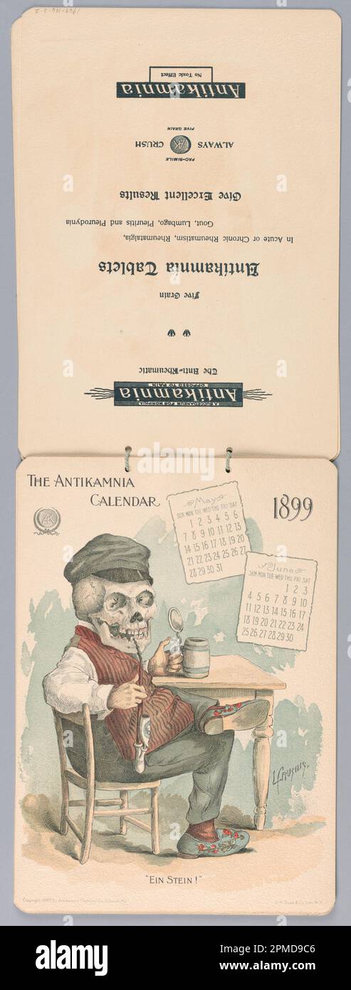 Calendrier, le calendrier Antikamnia, mai et juin 1899: 'Ein Stein!'; L Crusius; Lithographe : G. H. Buek & Co (États-Unis); fabriqué pour la société Antikamnia Chemical Co. (États-Unis); chromolithographe sur papier avec reliure à ficelle; 1968-106-2-3 Banque D'Images