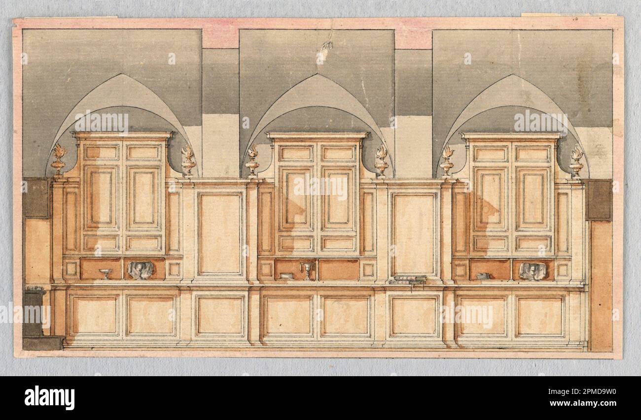 Dessin, projet pour l'intérieur de la Sacristie de Saint Giovanni de’ Florentini à Rome; conçu par Giuseppe Palazzi (italien, 1740 - 1810); Italie; graphite, stylo et encre, pinceau et aquarelle sur papier Banque D'Images