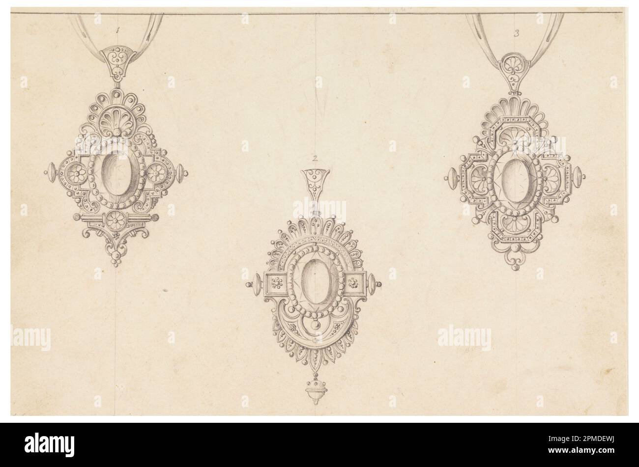 Dessin, trois Pendentifs; conçu par Salvatori (italien, actif 19th siècle); Italie; graphite sur carton; 15,6 x 23,5 cm (6 1/8 x 9 1/4 po) Banque D'Images