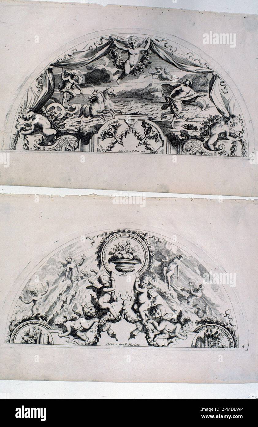 Imprimé, feuilles éventail, première moitié de l'ensemble « diesins d'Eventtails et Ecrans »; d'après Nicolas Loir (français, 1624 - 1679); France; gravure, gravure sur papier couché; 21,9 x 35,2 cm (8 5/8 x 13 7/8 po.); 1944-16-4-3 Banque D'Images