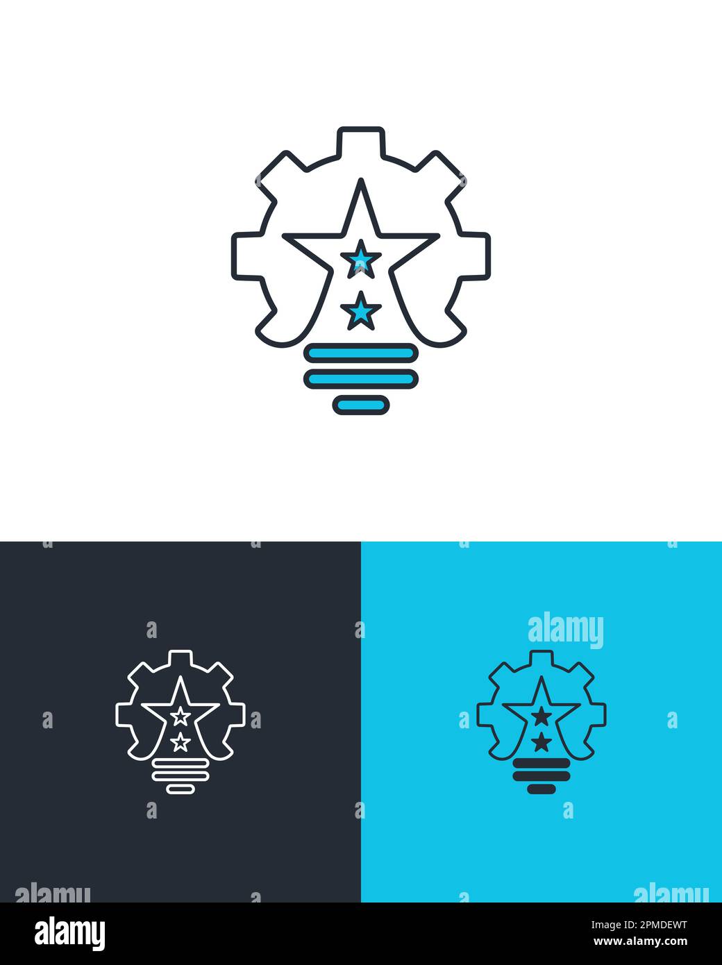 Symbole de l'ampoule avec des formes d'engrenage et d'étoile. Idées de marque, valeurs, reconnaissance et concept d'innovation. Icône de vecteur métier sur trois fonds de réserve différents Illustration de Vecteur