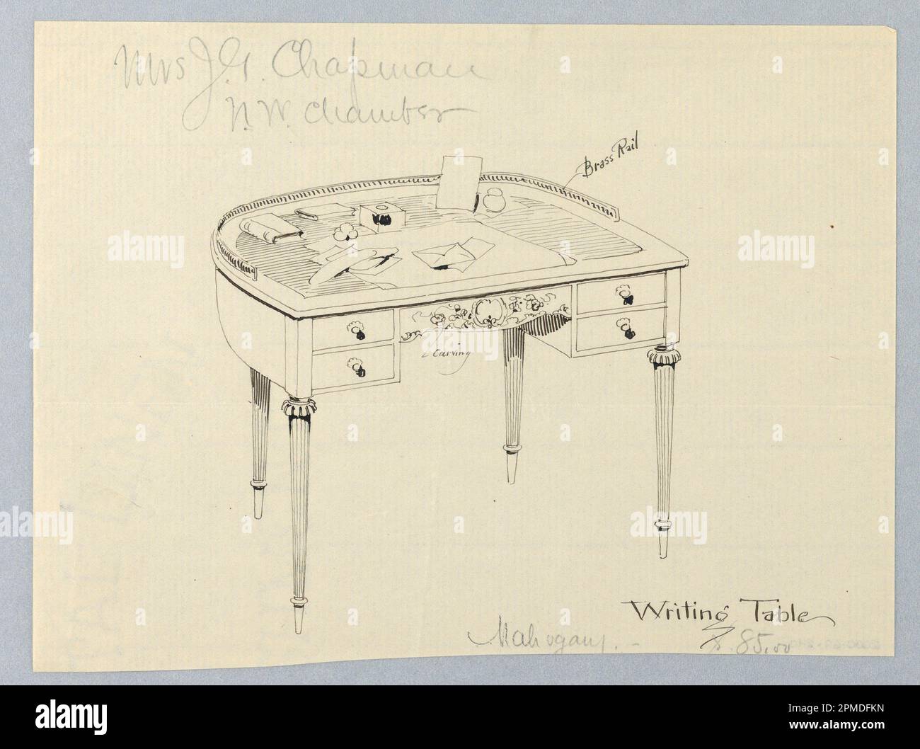 Dessin, conception pour table d'écriture semi-circulaire avec rail en laiton ; conçu par A.N. Davenport Co.; stylo et encre noire sur papier crème fin; 15,6 x 21,0 cm (6 1/8 x 8 1/4 po) Banque D'Images