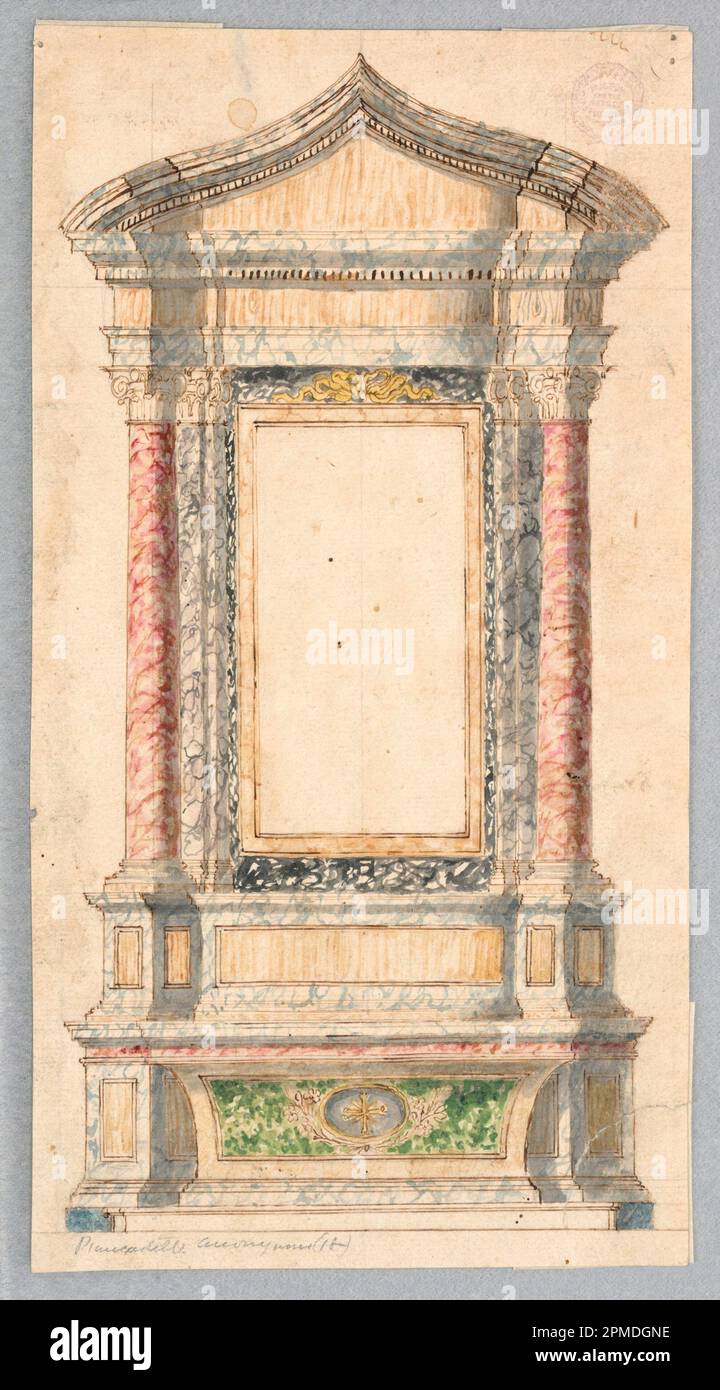 Dessin, projet: L'élévation d'un autel, destiné à être exécuté avec des billes de couleur, 1770–1790; Italie; crayon, stylo, encre, pinceau et différentes couleurs d'eau sur le papier. Banque D'Images